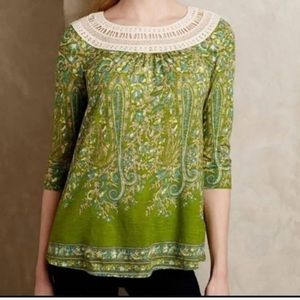 Anthropologie Meadow Rue Floral Blouse Crochet Neckline